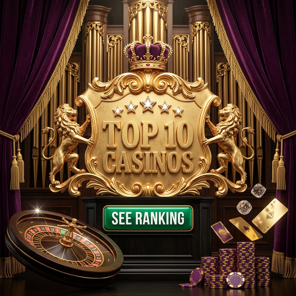 Luxury gold crest with Top 10 Casinos, roulette wheel, golden cards and purple velvet curtains